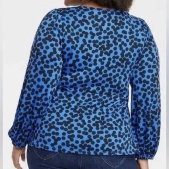 Ava & Viv Blue and Black Polka Dot Tie Front Blouse Sz 3x Work/Dressy Casual - Picture 3 of 3